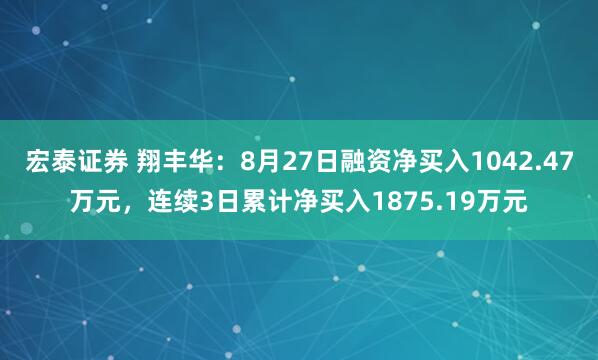 宏泰证券 翔丰华：8月27日融资净买入1042.47万元，连续3日累计净买入1875.19万元